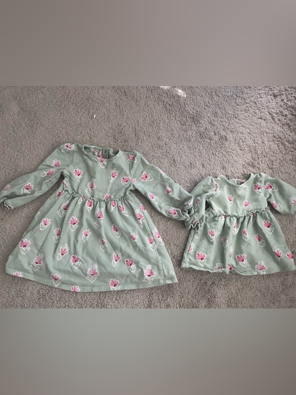 Girls' family sisters matching Sage Green Floral Long-Sleeve Casual Dress